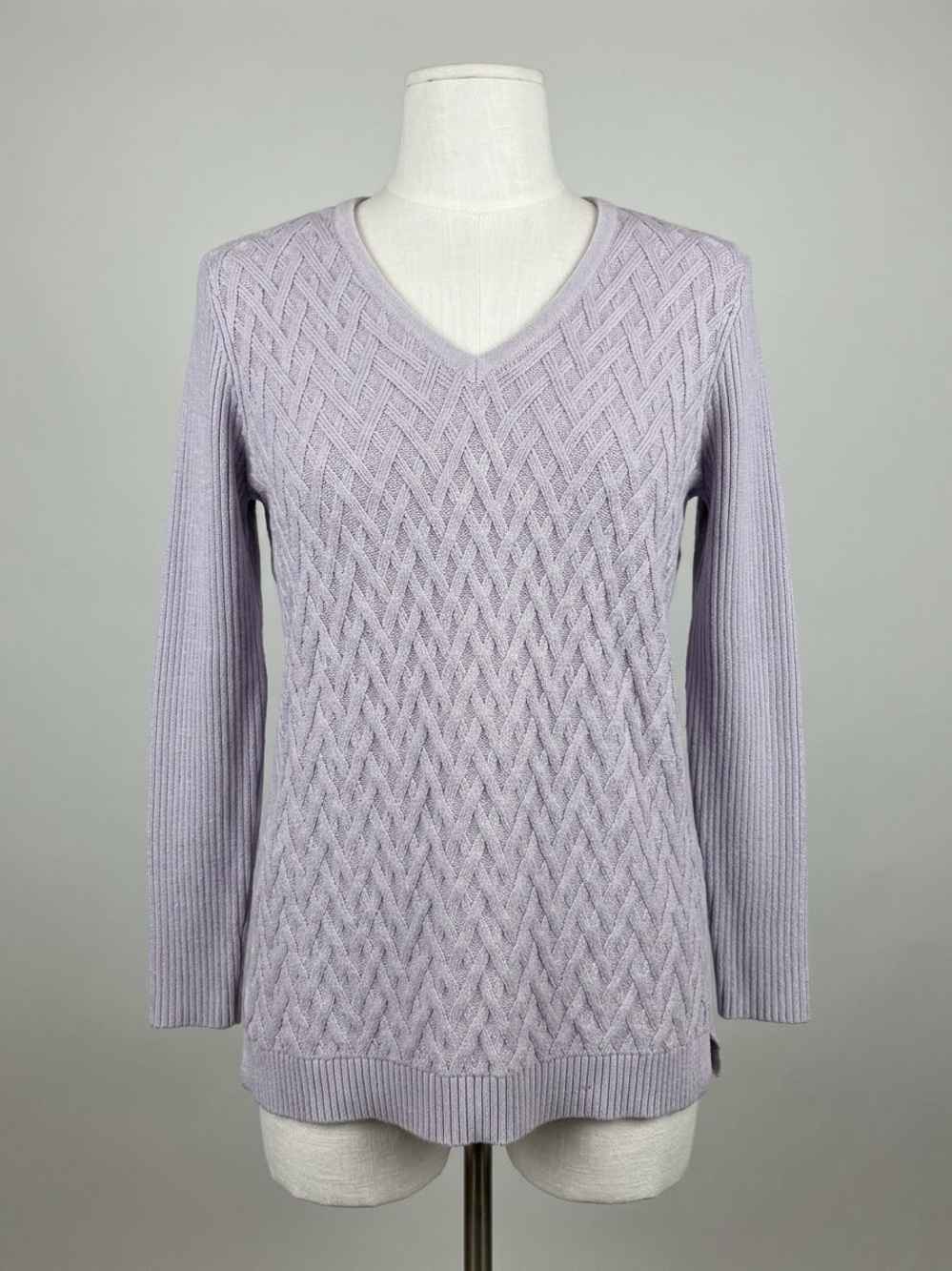 Lands' End Women's V-Neck Cable Sweater - Light Lavender